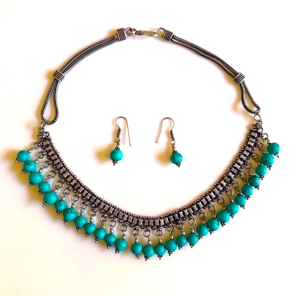 Vintage 90s Oxidized Silver Turquoise Necklace Set